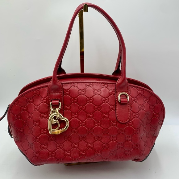 Auth Gucci Red Guccisima Leather Small Bowler Bag Gold Heart Charm Preloved - Picture 1 of 15